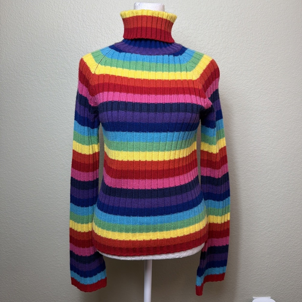 Derek Heart Striped Turtleneck M Women Multicolor Bright Colorful Retro Pullover